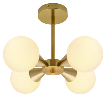 Antique Brass Ceiling Pendant Light with 4 Opal Globe Frosted Glass Lamp Shades