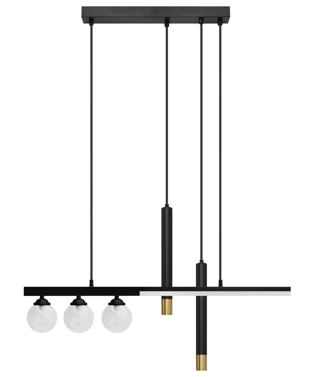 LED Bar 5 Light Black Ceiling Pendant Light Mini Glass Globes Slim Tubular
