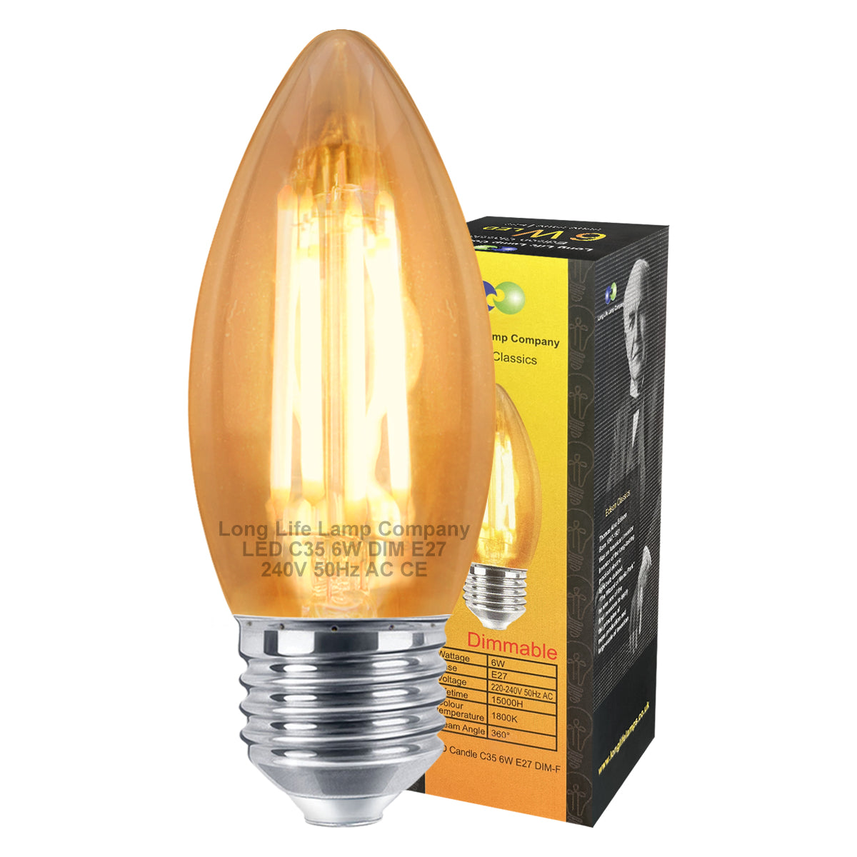 6w Dimmable LED Candle E27 Filament Light Bulb Edison Screw Amber Glass