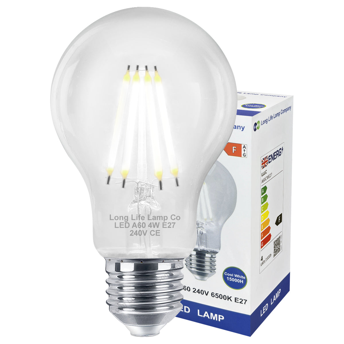 A60 4w LED Filament Light Bulb Cool White E27 Edison Screw Clear Glass