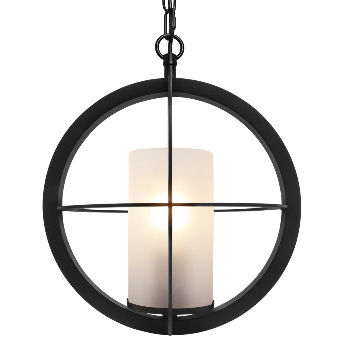 Industrial 3 Ring Ceiling Pendant Light Black Metal Chain Suspended Frosted Glass Lamp Shade