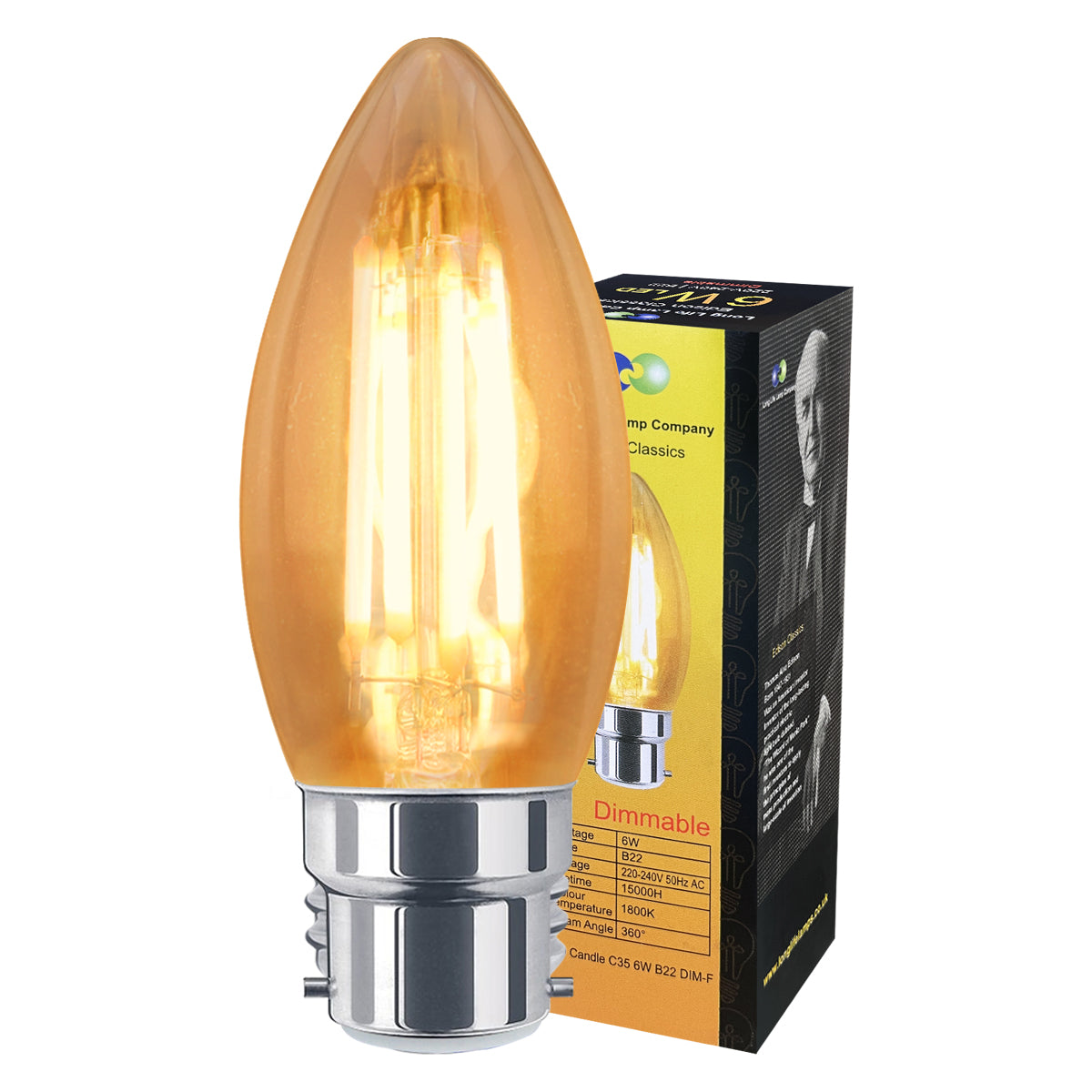 6w Dimmable LED Candle B22 Filament Light Bulb Bayonet Cap Amber Glass