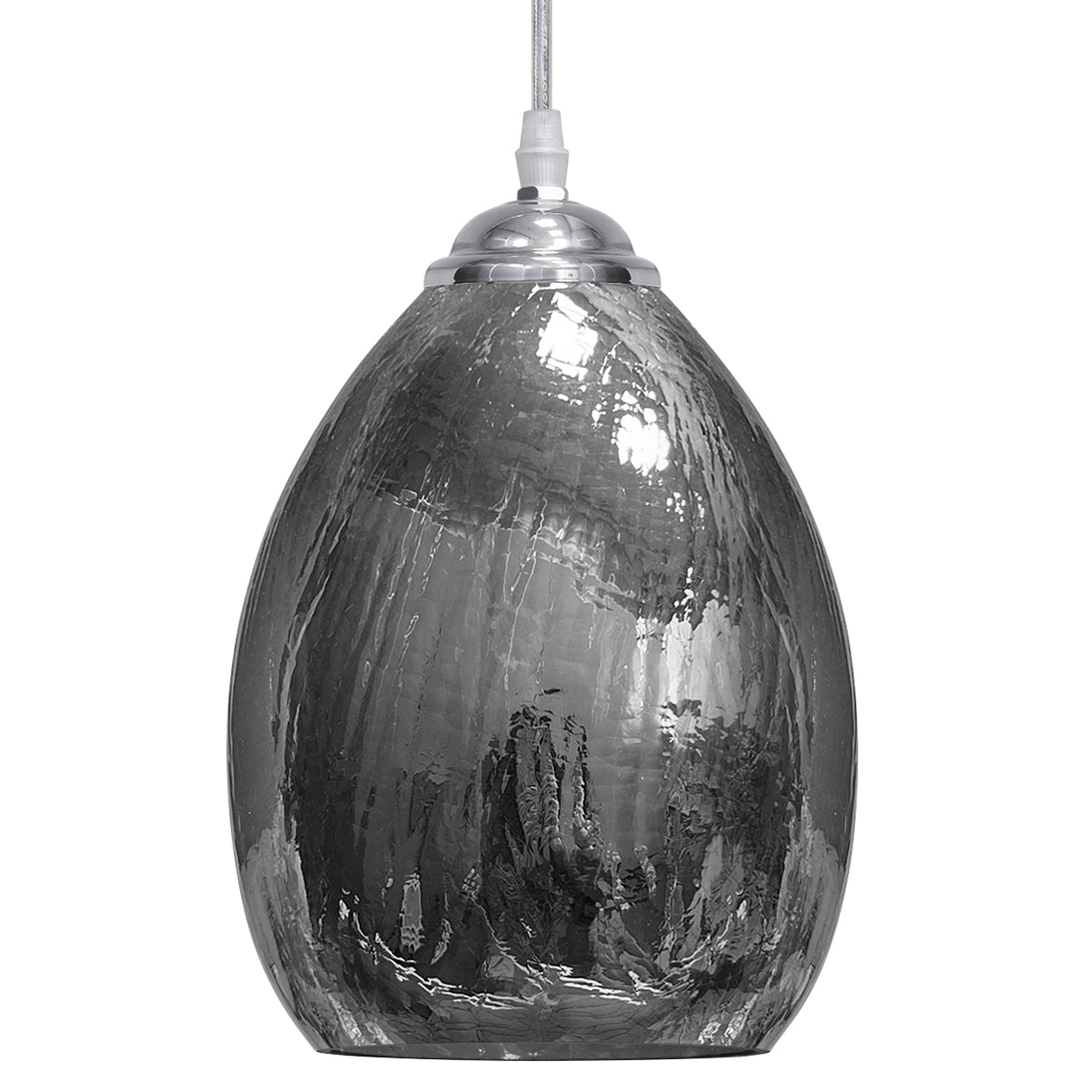 Retro Chrome Ceiling Pendant Light Fixture Grey Cracked Glass Oval Lamp shade