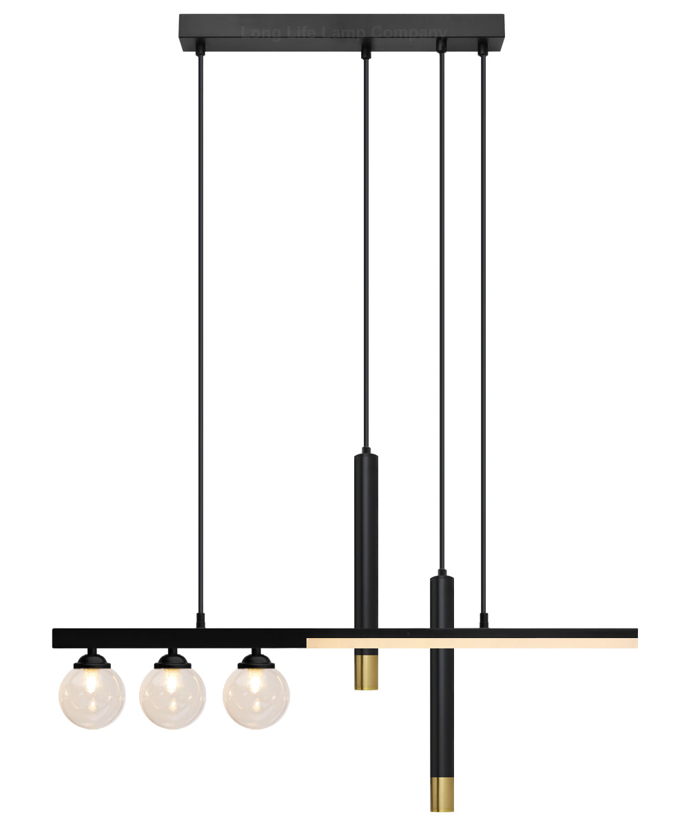 LED Bar 5 Light Black Ceiling Pendant Light Mini Glass Globes Slim Tubular
