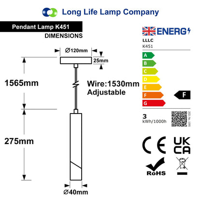 Slim brushed brass ceiling pendant with built-in 3W LED, diagonal-cut tube and adjustable suspension