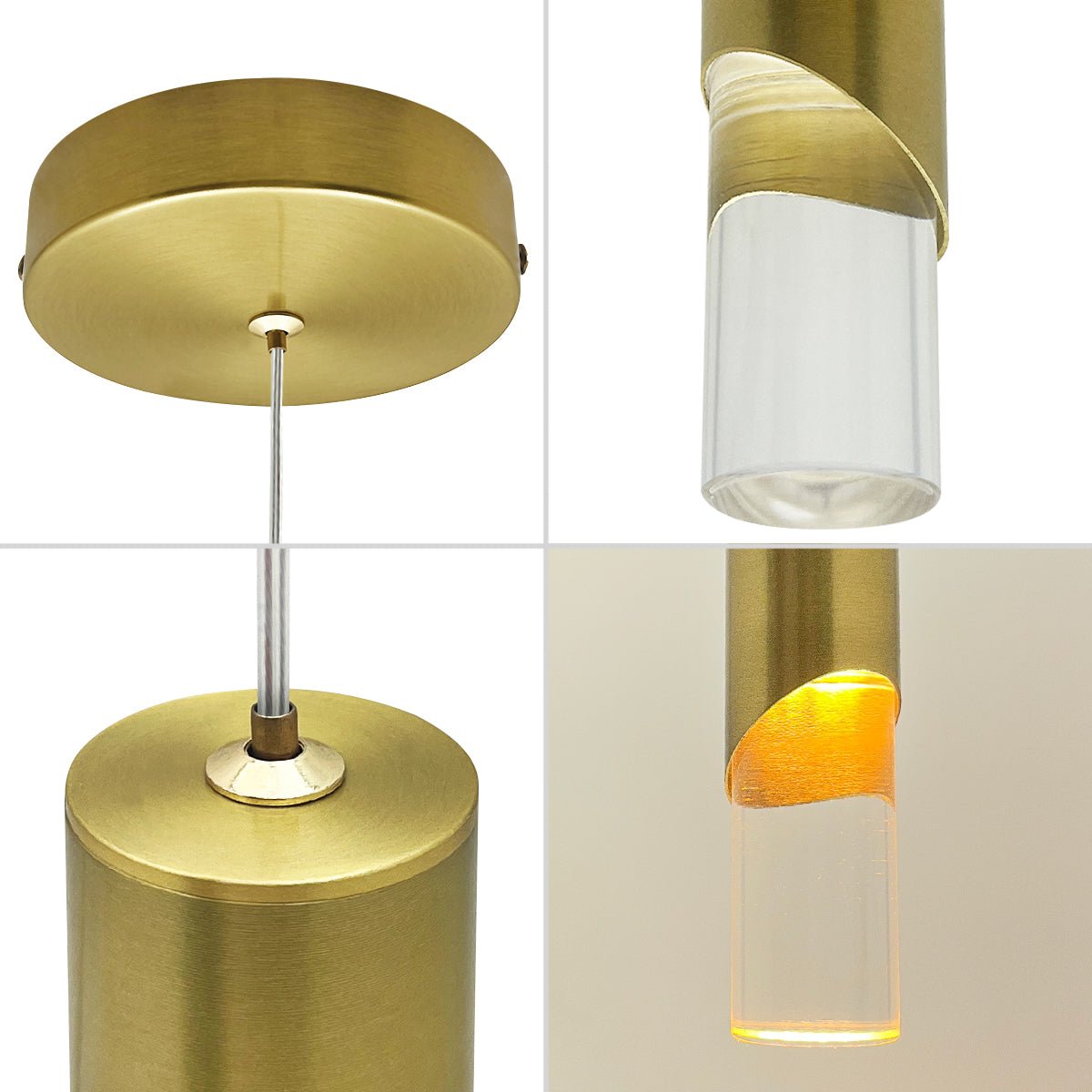 Single brushed brass pendant light with narrow cylindrical shade and integrated warm white 3W LED
