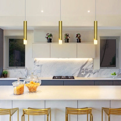 Modern LED ceiling pendant with brushed brass tube, clear acrylic diffuser and adjustable steel cable