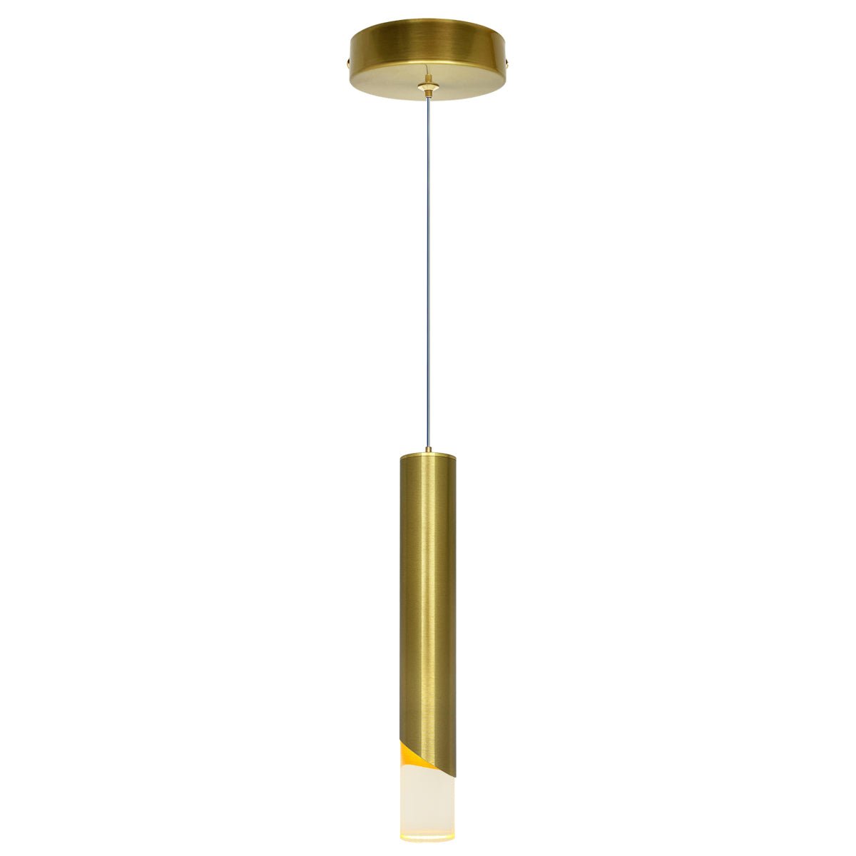 Brushed brass LED hanging light with diagonal-cut cylindrical shade and matching round ceiling canopy