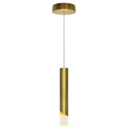 Brushed brass LED hanging light with diagonal-cut cylindrical shade and matching round ceiling canopy