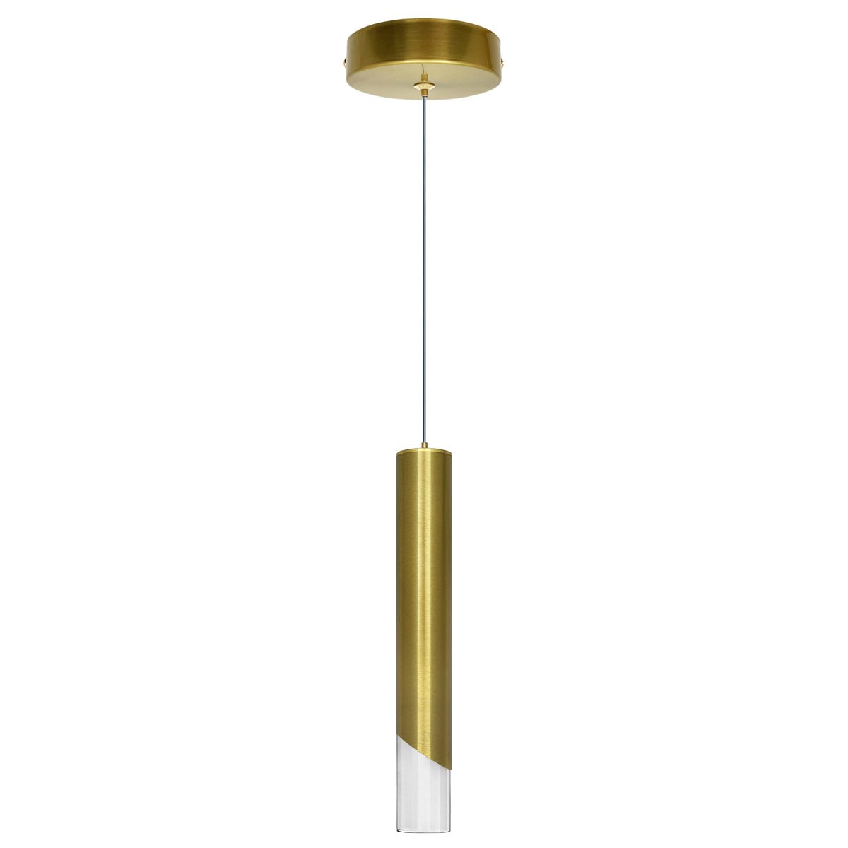 Contemporary brass-tone LED tube pendant light with clear diffuser and warm white illumination
