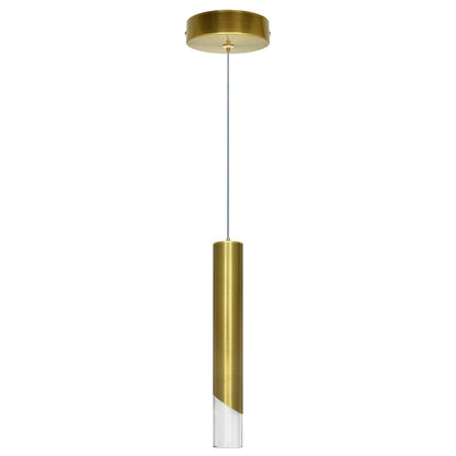 Contemporary brass-tone LED tube pendant light with clear diffuser and warm white illumination