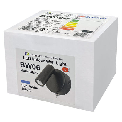 3W LED Adjustable Black Wall Mounted Bedside Light Switched Cool White BW06 - Energy Light Bulbs - Free delivery on all orders