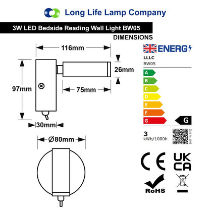 3W LED Adjustable Black Wall Mounted Bedside Light Switched Warm White BW05 - Energy Light Bulbs - Free delivery on all orders