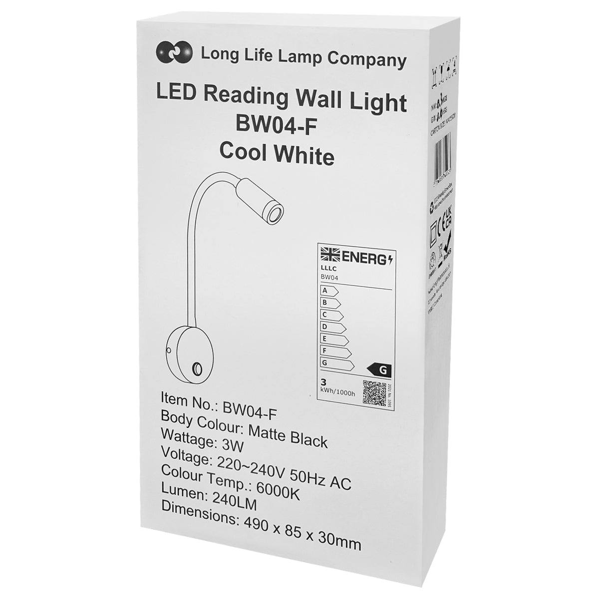 3W LED Adjustable Black Wall Mounted Reading Light with Flexible Arm Cool White 6000K - Energy Light Bulbs - Free delivery on all orders