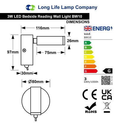 3W LED Adjustable Chrome Wall Mounted Bedside Light Switched Cool White BW10 - Energy Light Bulbs - Free delivery on all orders