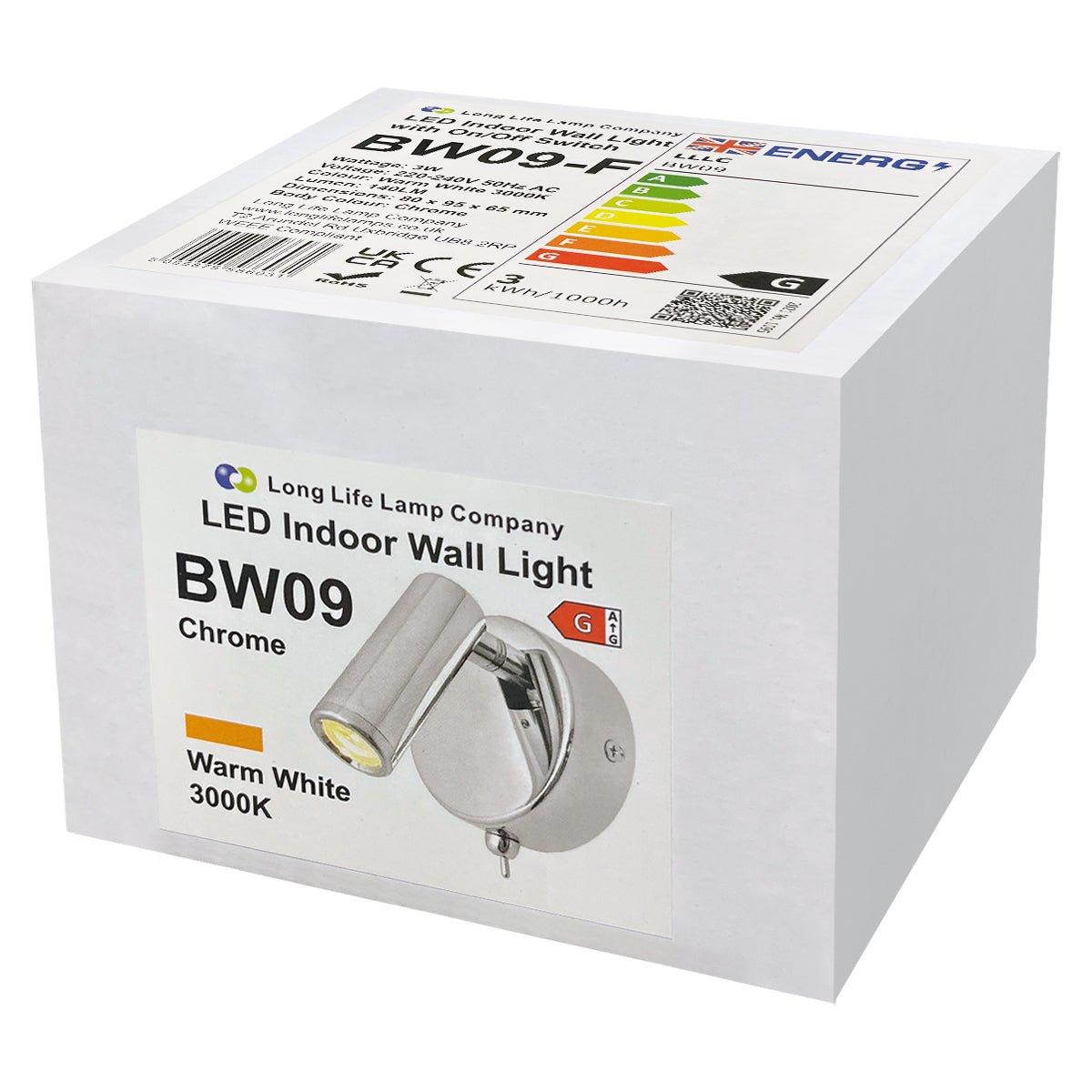 3W LED Adjustable Chrome Wall Mounted Bedside Light Switched Warm White BW09 - Energy Light Bulbs - Free delivery on all orders