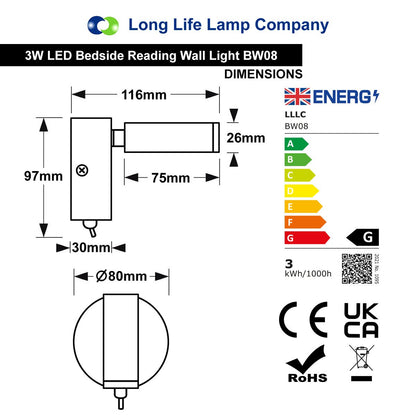 3W LED Adjustable White Wall Mounted Bedside Light Switched Cool White BW08 - Energy Light Bulbs - Free delivery on all orders