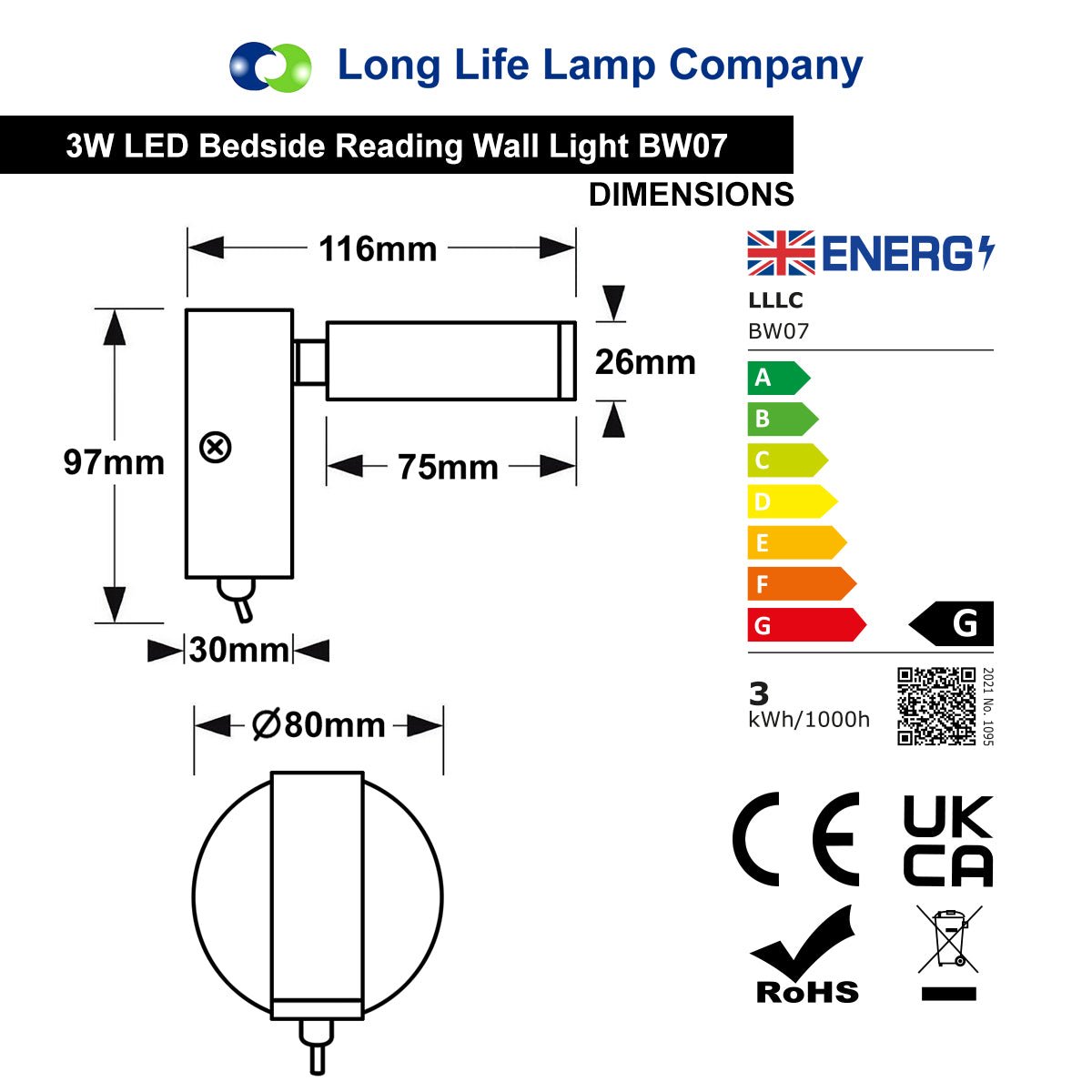 3W LED Adjustable White Wall Mounted Bedside Light Switched Warm White BW07 - Energy Light Bulbs - Free delivery on all orders