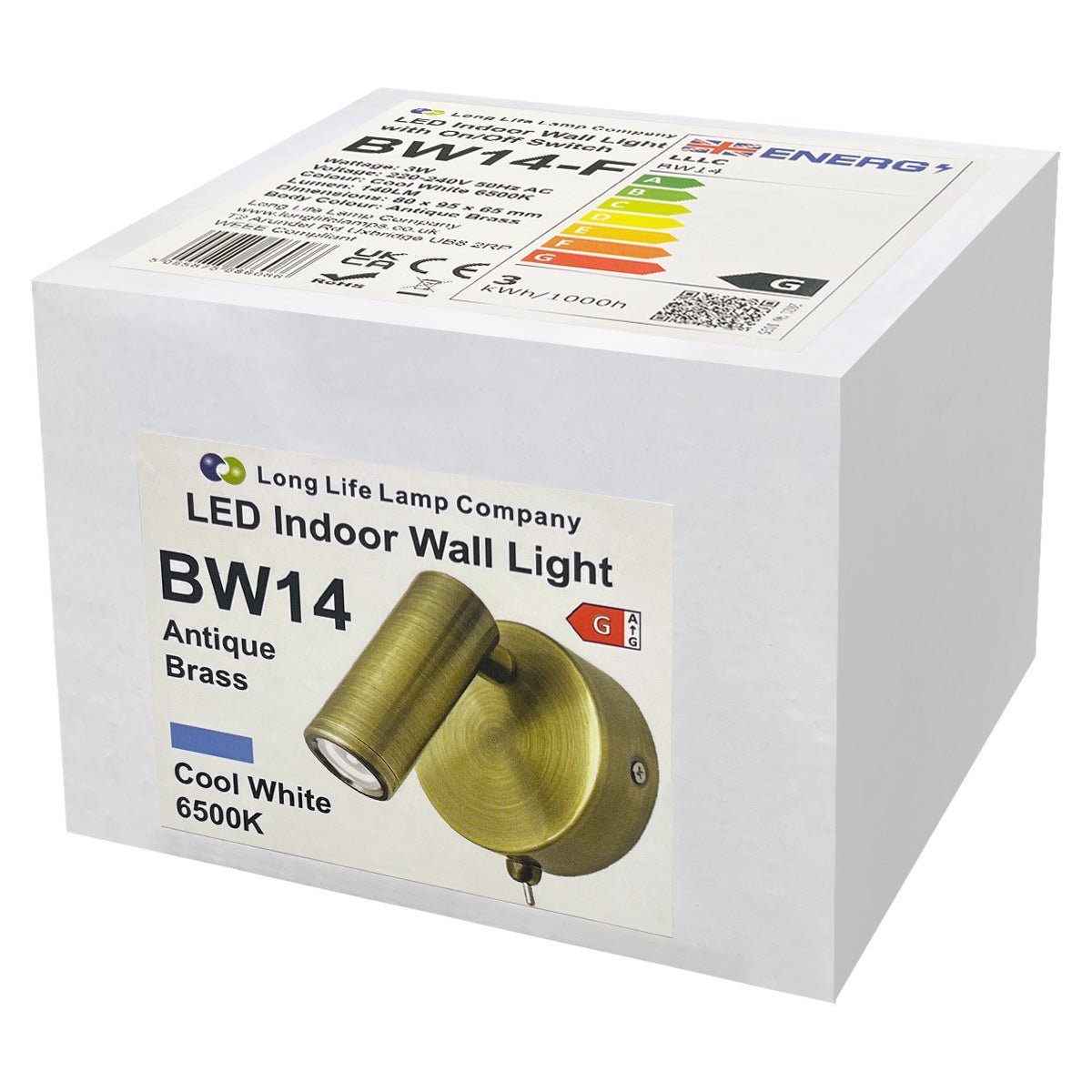 3W LED Bedside Reading Wall Light Antique Brass Cool White 6500K BW14 - Energy Light Bulbs - Free delivery on all orders