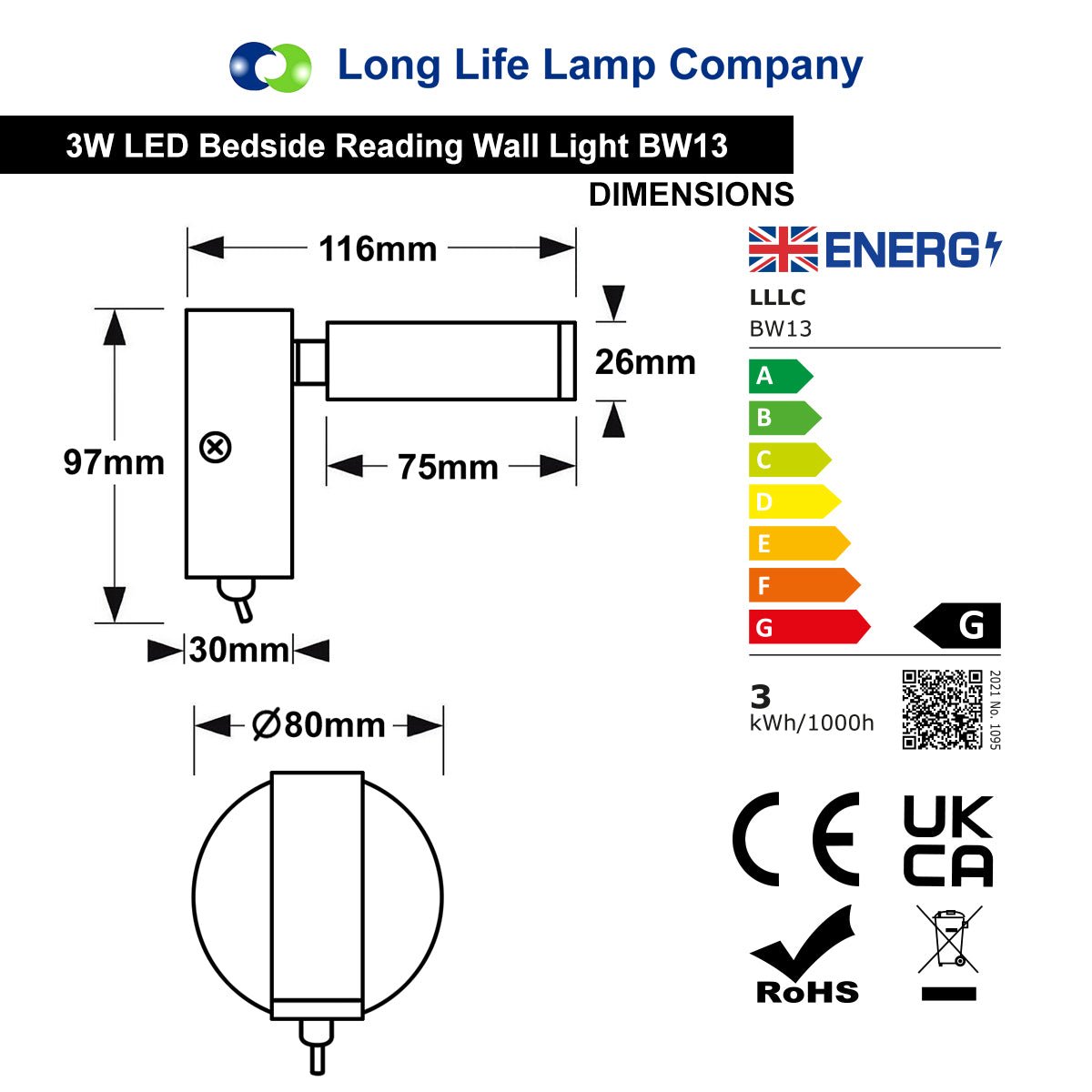 3W LED Bedside Reading Wall Light Antique Brass Warm White 3000K BW13 - Energy Light Bulbs - Free delivery on all orders