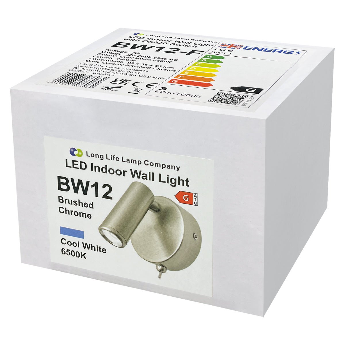 3W LED Bedside Reading Wall Light Brushed Chrome Cool White 6500K BW12 - Energy Light Bulbs - Free delivery on all orders