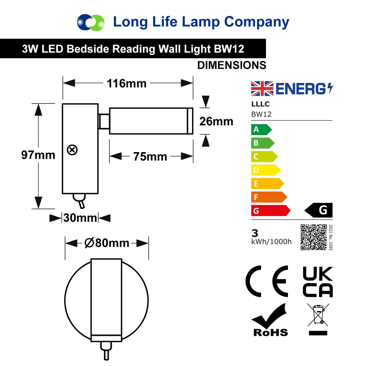 3W LED Bedside Reading Wall Light Brushed Chrome Cool White 6500K BW12 - Energy Light Bulbs - Free delivery on all orders