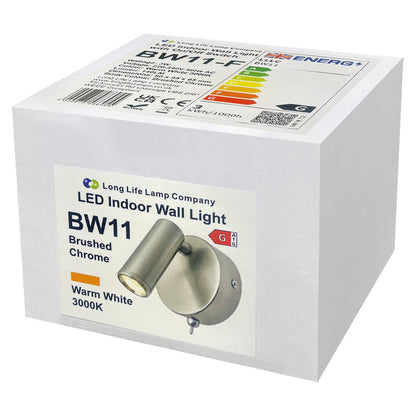 3W LED Bedside Reading Wall Light Brushed Chrome Warm White 3000K BW11 - Energy Light Bulbs - Free delivery on all orders