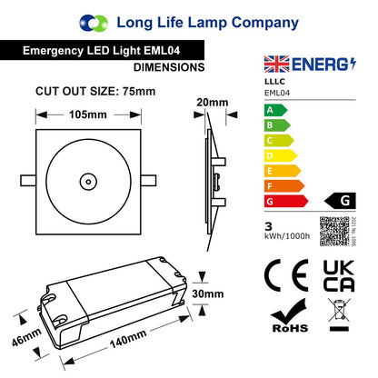 3W LED Emergency Ceiling Light Square Recessed 180 Min IP20 - Energy Light Bulbs - Free delivery on all orders