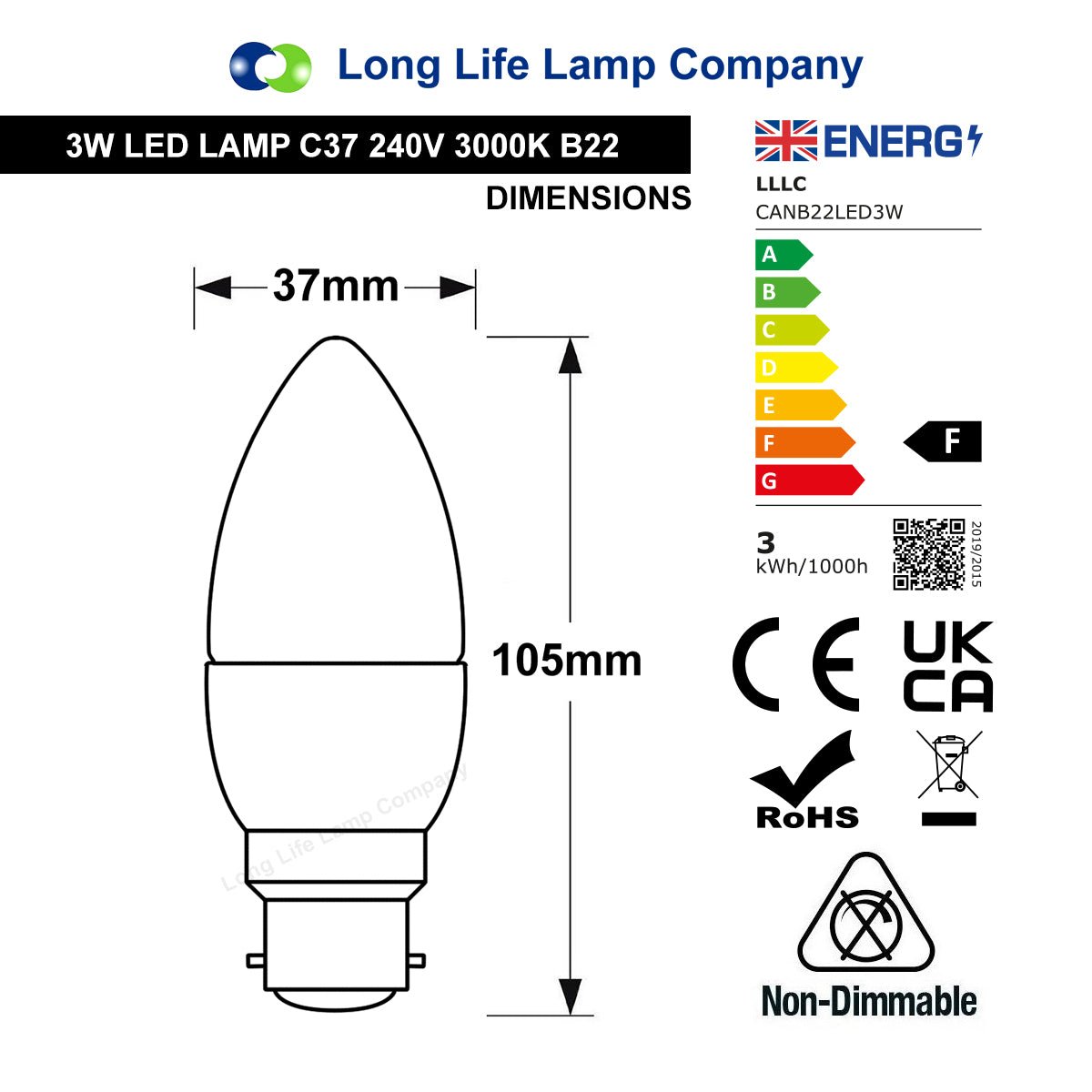 3W LED Frosted Candle B22 Warm White - Energy Light Bulbs - Free delivery on all orders
