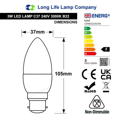 3W LED Frosted Candle B22 Warm White - Energy Light Bulbs - Free delivery on all orders