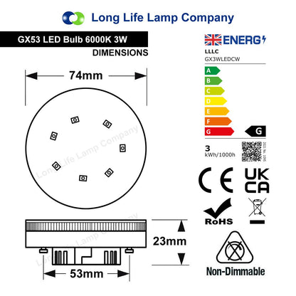 3w LED GX53 Under Cabinet Round Light Fitting Replaceable Bulb Cool White - Energy Light Bulbs - Free delivery on all orders