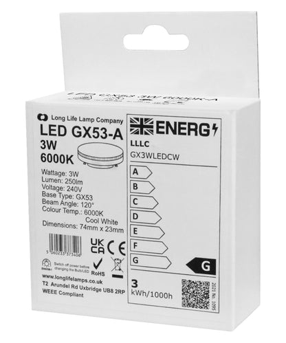 3w LED GX53 Under Cabinet Round Light Fitting Replaceable Bulb Cool White - Energy Light Bulbs - Free delivery on all orders