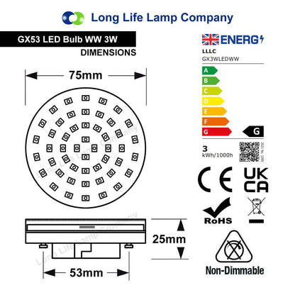 3w LED GX53 Warm White Light - Energy Light Bulbs - Free delivery on all orders