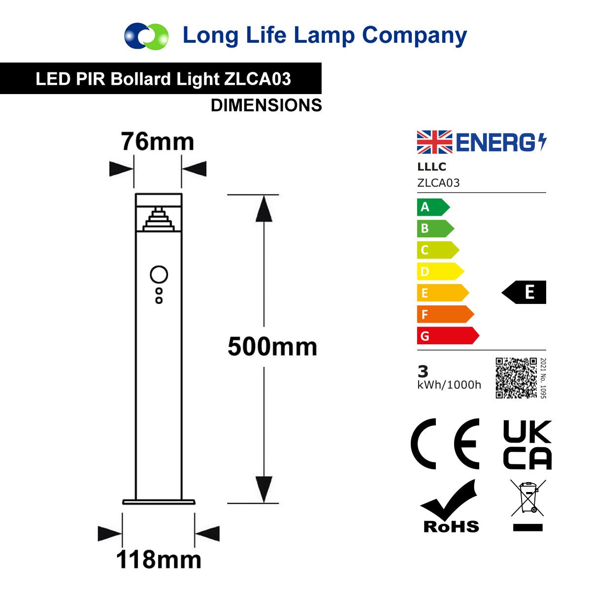 3W LED PIR Sensor Bollard Outdoor Garden Light Black Stainless Steel 3000K IP54 - Energy Light Bulbs - Free delivery on all orders
