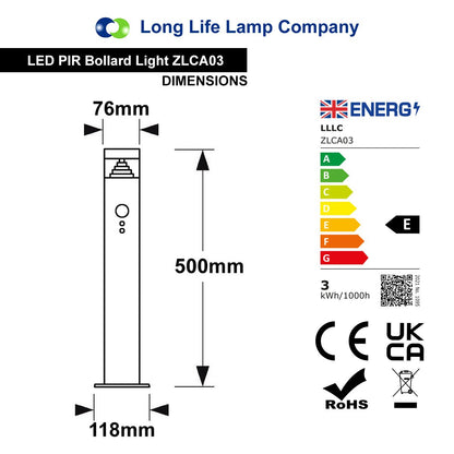 3W LED PIR Sensor Bollard Outdoor Garden Light Black Stainless Steel 3000K IP54 - Energy Light Bulbs - Free delivery on all orders