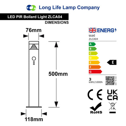 3W LED PIR Sensor Bollard Outdoor Garden Light Black Stainless Steel 6500K IP54 - Energy Light Bulbs - Free delivery on all orders