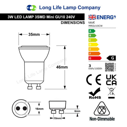 3w LED Small Mini GU10 Spotlight Bulb Cool White - Energy Light Bulbs - Free delivery on all orders