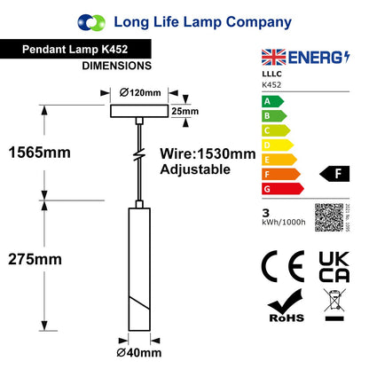 3W Matt Black LED Tube Ceiling Pendant Light 3000K K452 - Free delivery on all orders