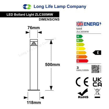 3w Modern Outdoor LED Warm White Bollard Light Stainless Steel Black Finish - Energy Light Bulbs - Free delivery on all orders