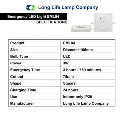 3w Recessed LED Emergency Ceiling Light Square Ultraslim Panel Maintained or Non - Maintained 180 Minutes EML04 - Energy Light Bulbs - Free delivery on all orders