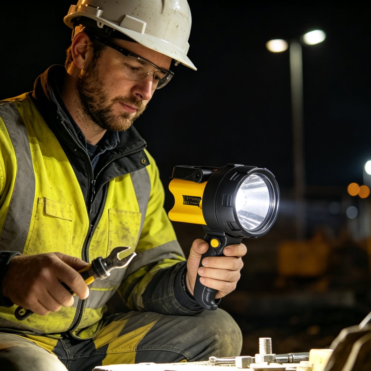 Bright 300 lumen LED hand torch with mains and vehicle charging capability