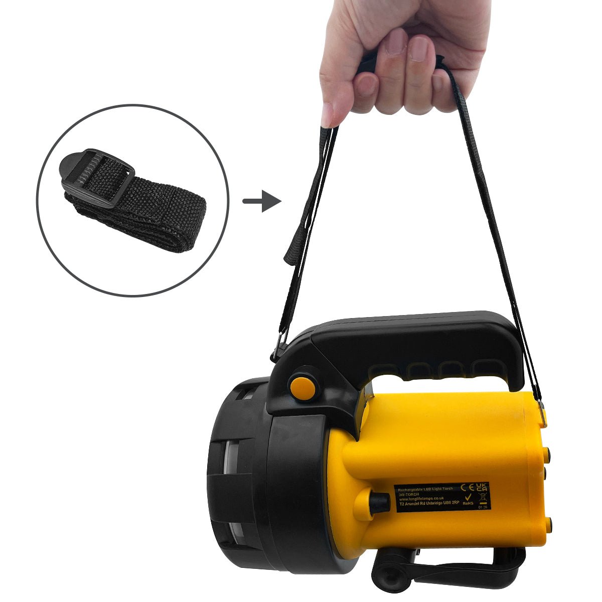 LED work torch with integrated rechargeable battery and focused beam output