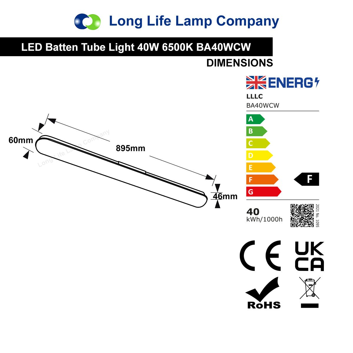 40w LED Batten Light 3ft Opal Integrated Tube Light Cool White 6500K Ceiling Fitting IP44 - Energy Light Bulbs - Free delivery on all orders