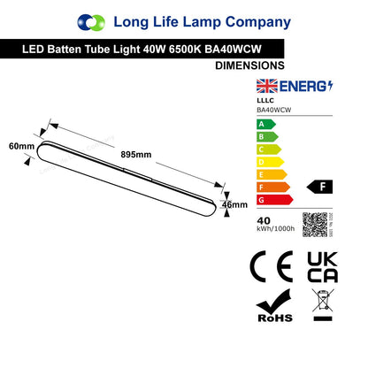 40w LED Batten Light 3ft Opal Integrated Tube Light Cool White 6500K Ceiling Fitting IP44 - Energy Light Bulbs - Free delivery on all orders