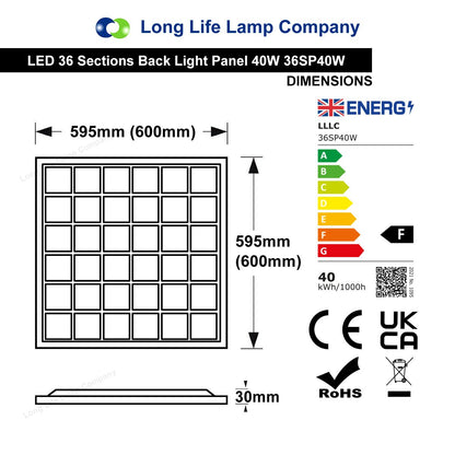 40w LED Panel 600 x 600 Recessed Ceiling Light 6500K 36 Sections Modular Replacement - Energy Light Bulbs - Free delivery on all orders