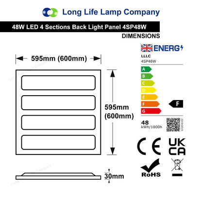 48w LED Panel 600 x 600 Ceiling Light 6500k Recessed 4 Sections Back Light - Energy Light Bulbs - Free delivery on all orders