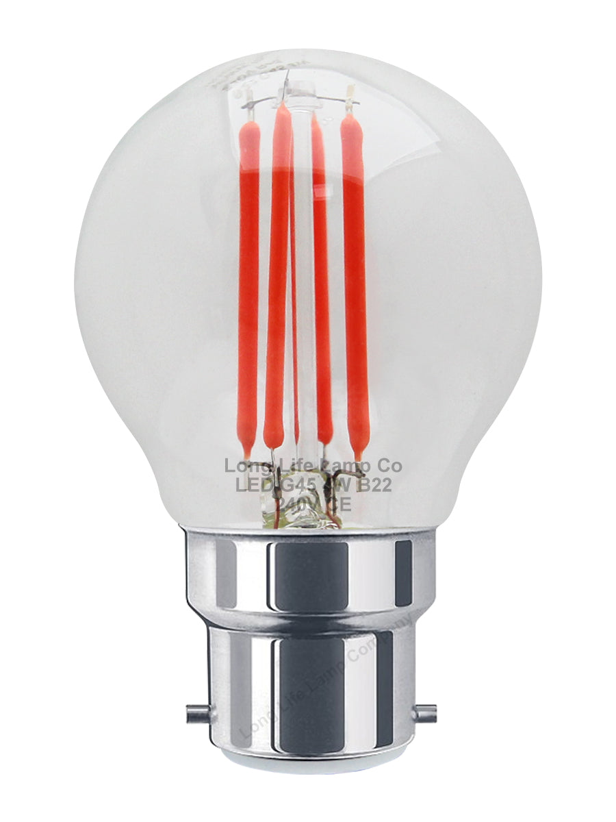 2 Pack 4W LED Red Golf Ball Bulb B22 Fire Glow Clear Glass