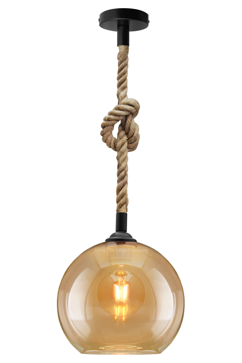 Vintage Industrial Amber Smoked Rope Glass Globe Ceiling Pendant Lamp H3007