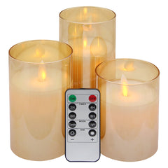 Set of 3 USB Rechargeable LED Wax Gold Glass Flameless Candles with Remote Control