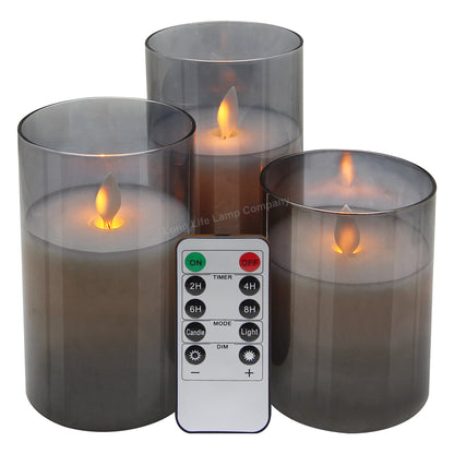 Set Of 3 USB Rechargeable LED Wax Smoked Grey Glass Flameless Candles With Remote Control